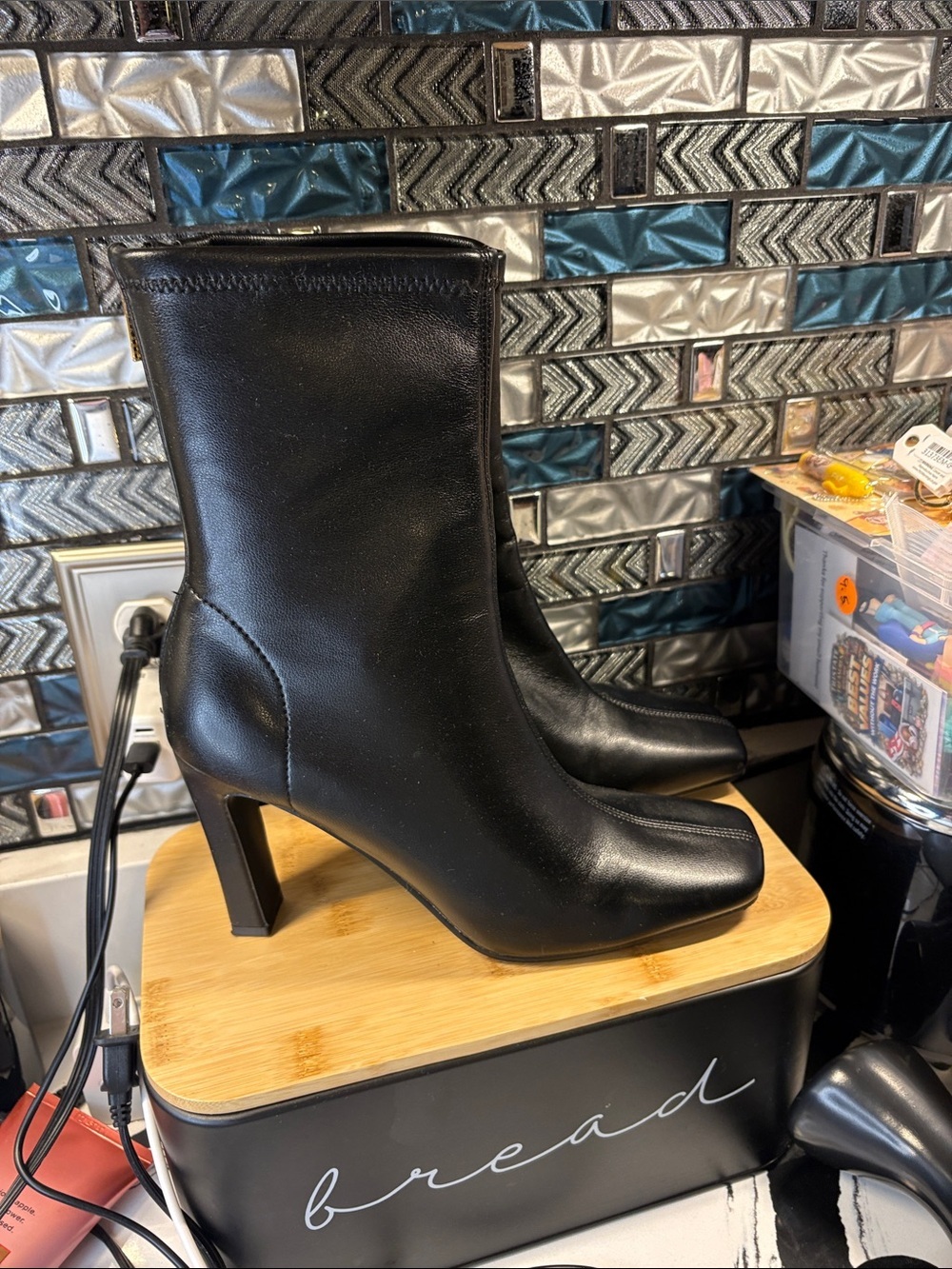 Steve Madden Black Square-Toe Stretch Ankle Boots - Picture 2 of 9